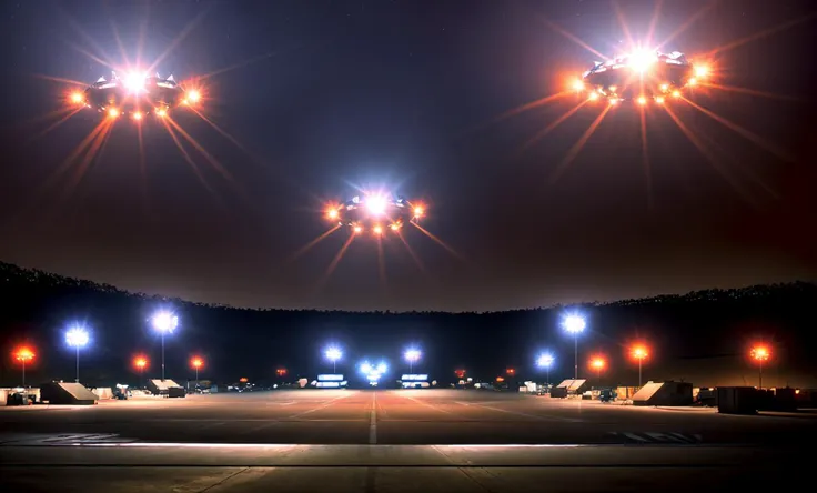 3rdkind, army base at night, runway, lens flare ufos, shapes, realistic photo, Panavision PSR 200, 35mm, film screencap  <lora:Close_Encounters_Of_The_Third_Kind-000014:0.8>