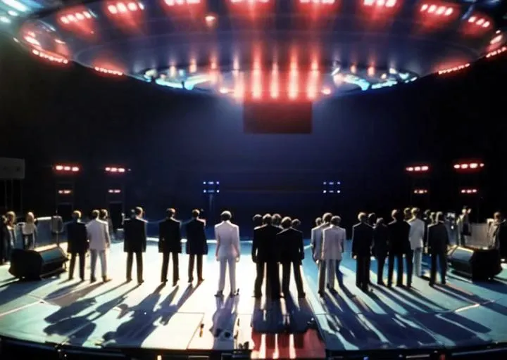 3rdkind,group of people standing on a stage with coloured squares on a sign, landed mothership, panavision psr 200, film grain, <lora:Close_Encounters_Of_The_Third_Kind-000014:0.8>