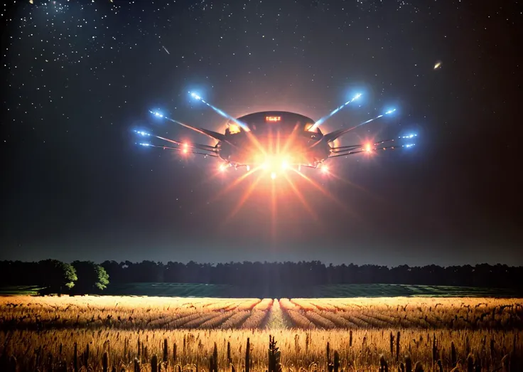 3rdkind, close up, stars, ufo with windows, blinding lights, in a wheatfield, 35mm, panavision psr 200, film grain, realistic photo, <lora:Close_Encounters_Of_The_Third_Kind-000014:1>