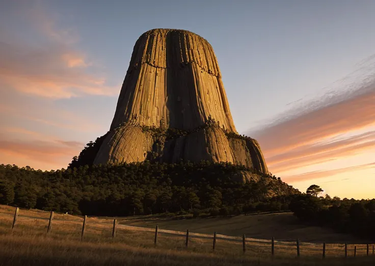 3rdkind, bottom view, devilstower, outdoors, trees, rocks, blue sky, evening, sunset, fence, beautiful skies, 35mm, panavision psr 200, film grain, realistic photo, <lora:Close_Encounters_Of_The_Third_Kind-000014:0.5>