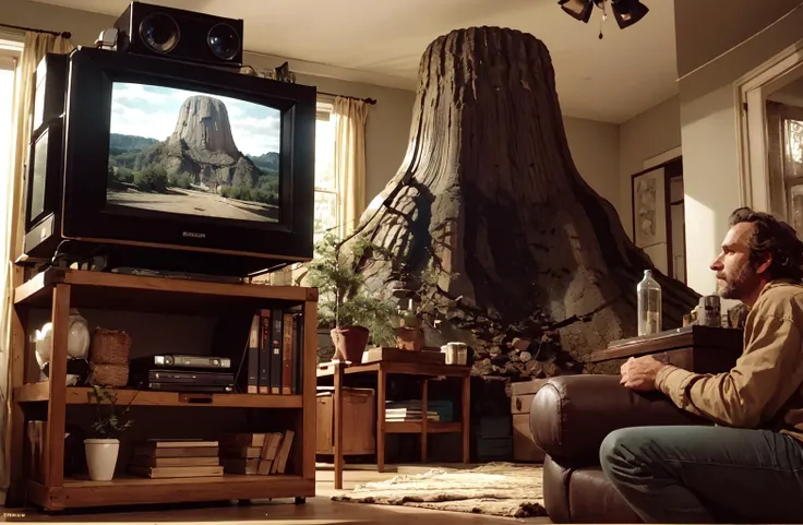 3rdkind, a man in a livingroom with devilstower displayed on tv, panavision psr 200, 35mm, film screenscap, 80s theme, <lora:Close_Encounters_Of_The_Third_Kind-000014:0.8>
