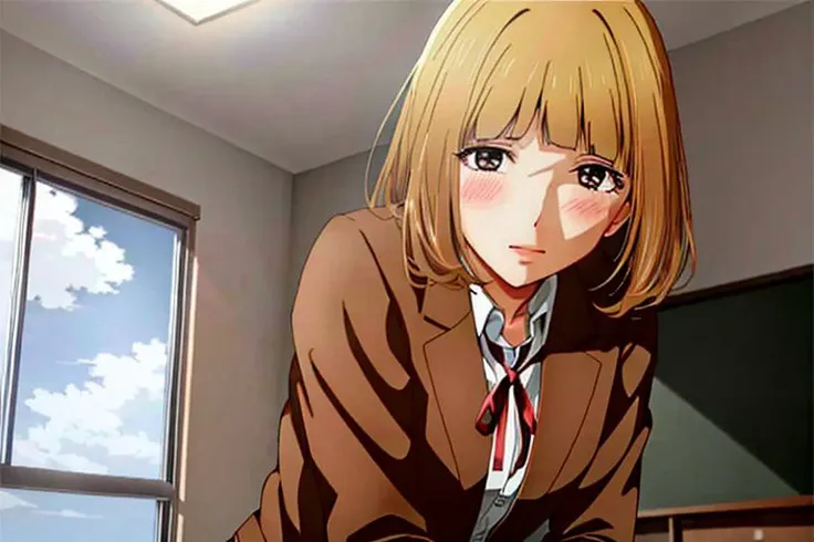 <lora:hana midorikawa:0.75>, (masterpiece,best quality, detailed), (1girl:1.1), classroom, indoors, brown jacket, neck ribbon, collared shirt, school uniform, plaid skirt, loafers, squinting, eyelashes