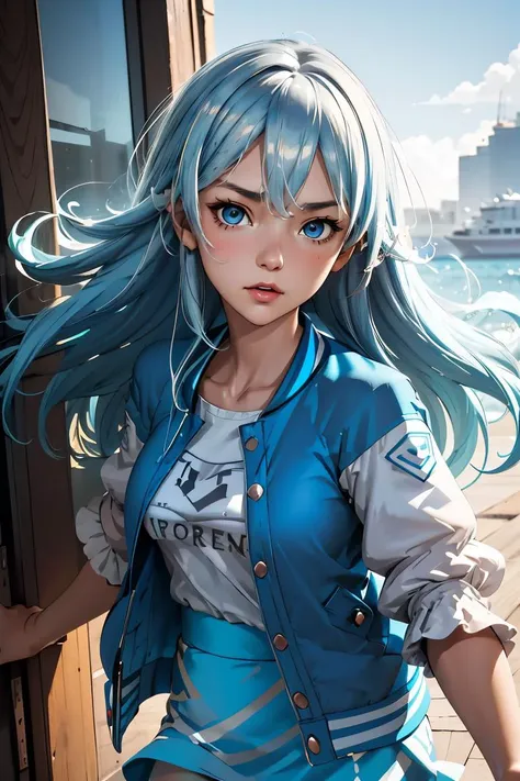 (masterpiece, best quality), 1girl,  <lora:yukishiro_mahiro_v1:1>  aamahiro, long hair, blue hair, blue eyes, collarbone, white shirt, letterman jacket, blue jacket, open jacket, puffy sleeves, short sleeves, blue skirt, black pantyhose