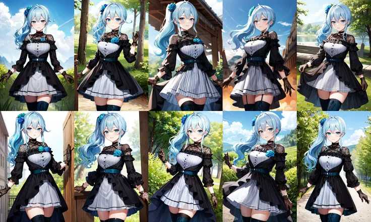 masterpiece, best quality, highres, aamahiro, long hair, blue hair, side ponytail, hair flower, blue flower, blue eyes, vertical stripes, black dress, long sleeves, lace gloves, black gloves, white skirt, black thighhighs, <lora:yukishiro_mahiro_v1:0.7>, standing, cowboy shot, outdoors