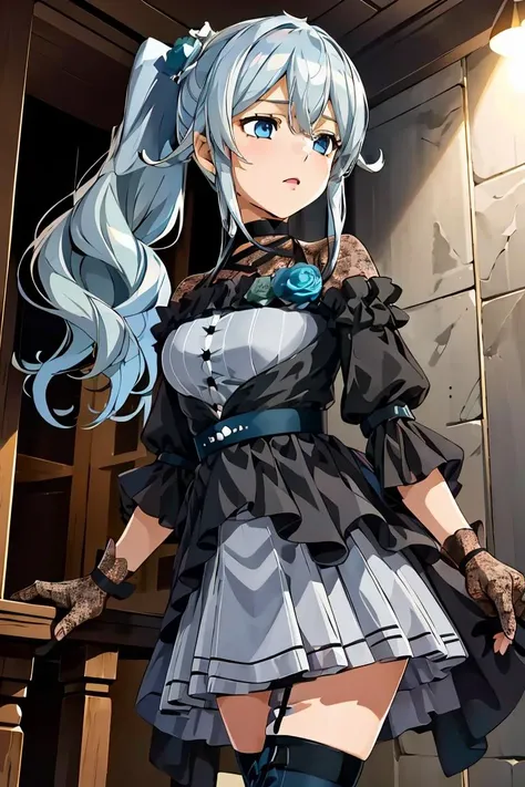 (masterpiece, best quality), 1girl, <lora:yukishiro_mahiro_v1:1> aamahiro, long hair, blue hair, side ponytail, hair flower, blue flower, blue eyes, vertical stripes, black dress, long sleeves, lace gloves, black gloves, white skirt, black thighhighs