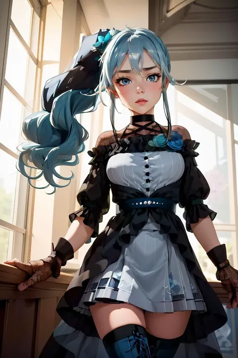 (masterpiece, best quality), 1girl, <lora:yukishiro_mahiro_v1:1> aamahiro, long hair, blue hair, side ponytail, hair flower, blue flower, blue eyes, vertical stripes, black dress, long sleeves, lace gloves, black gloves, white skirt, black thighhighs