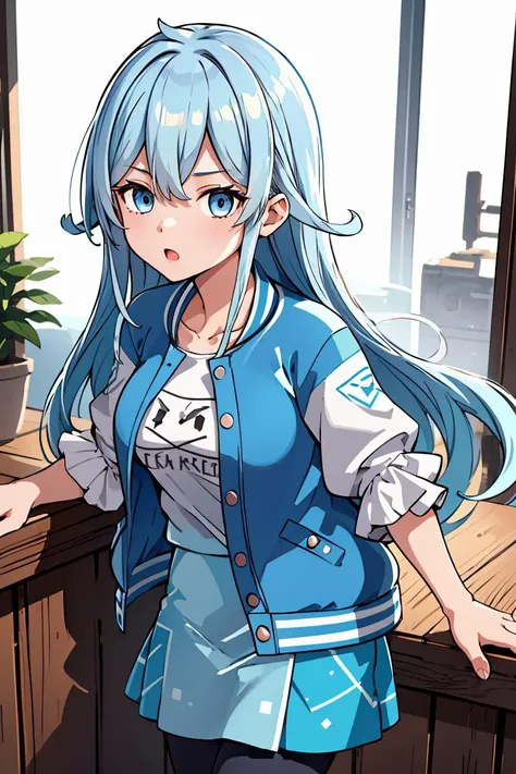 (masterpiece, best quality), 1girl,  <lora:yukishiro_mahiro_v1:1>  aamahiro, long hair, blue hair, blue eyes, collarbone, white shirt, letterman jacket, blue jacket, open jacket, puffy sleeves, short sleeves, blue skirt, black pantyhose