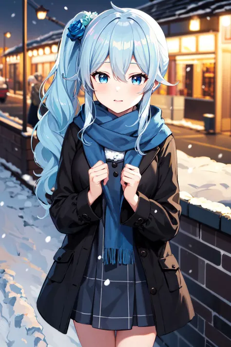 masterpiece, best quality, highres, aamahiro, long hair, blue hair, side ponytail, hair flower, blue flower, blue eyes, <lora:yukishiro_mahiro_v1:0.7>, snow, winter clothes, scarf, standing, city