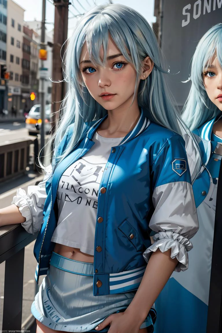 (masterpiece, best quality), 1girl, <lora:yukishiro_mahiro_v1:1> aamahiro, long hair, blue hair, blue eyes, collarbone, white shirt, letterman jacket, blue jacket, open jacket, puffy sleeves, short sleeves, blue skirt, black pantyhose