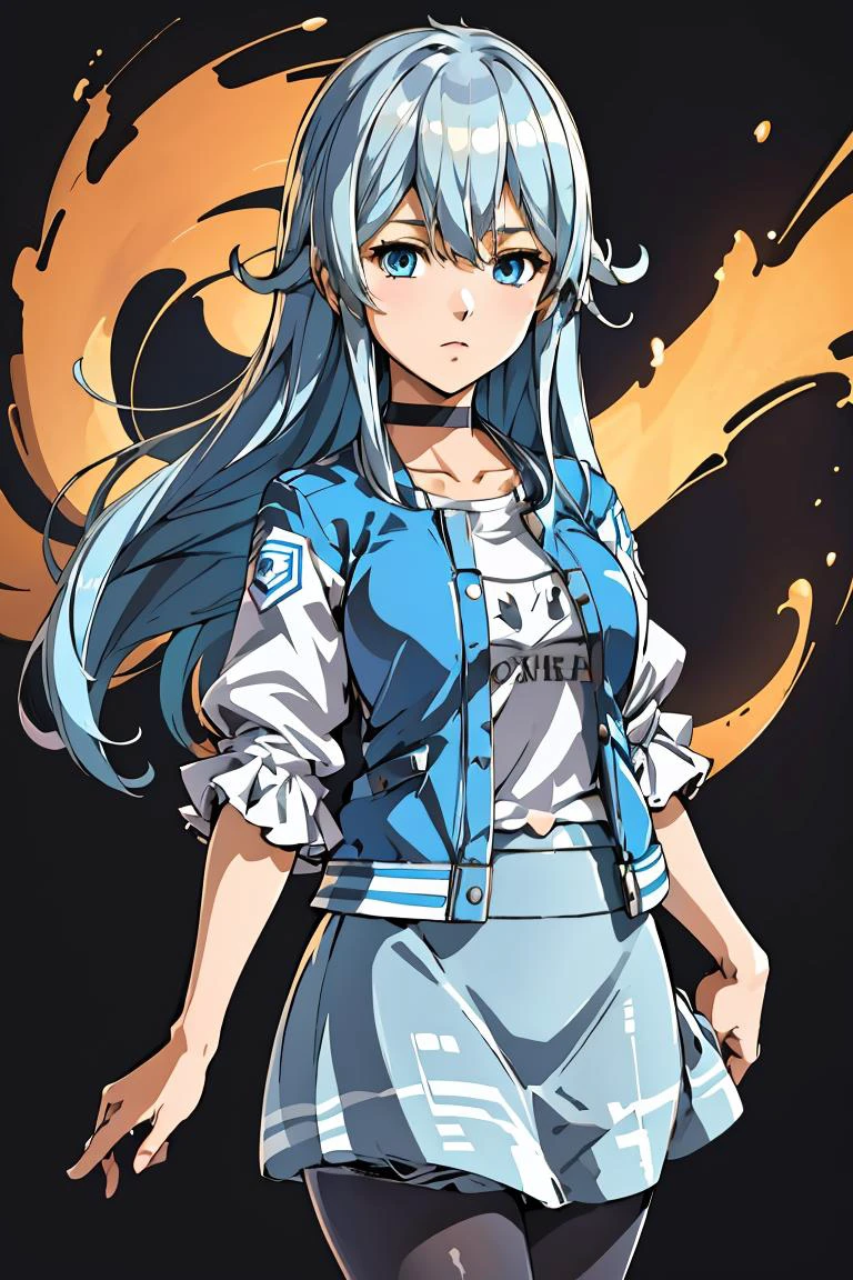 (masterpiece, best quality), 1girl, <lora:yukishiro_mahiro_v1:1> aamahiro, long hair, blue hair, blue eyes, collarbone, white shirt, letterman jacket, blue jacket, open jacket, puffy sleeves, short sleeves, blue skirt, black pantyhose