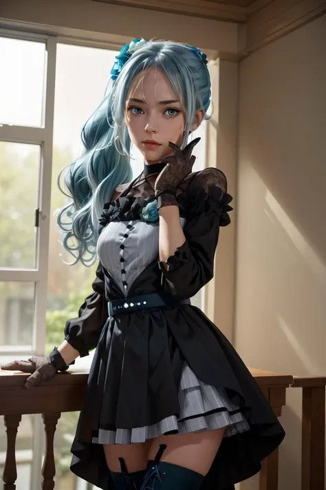 (masterpiece, best quality), 1girl, <lora:yukishiro_mahiro_v1:1> aamahiro, long hair, blue hair, side ponytail, hair flower, blue flower, blue eyes, vertical stripes, black dress, long sleeves, lace gloves, black gloves, white skirt, black thighhighs