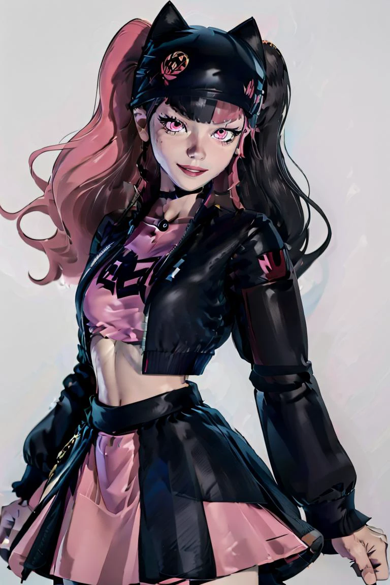 (masterpiece, best quality), 1girl, <lora:yukishiro_mahiro_v1:1> <lora:Zoe_Palworld_v3:1> Zoe_Palworld, long hair, looking at viewer, smile, long sleeves, hat, jacket, black jacket, black headwear, cat hat, animal ear headwear, pink eyes, midriff, crop top, black skirt,
