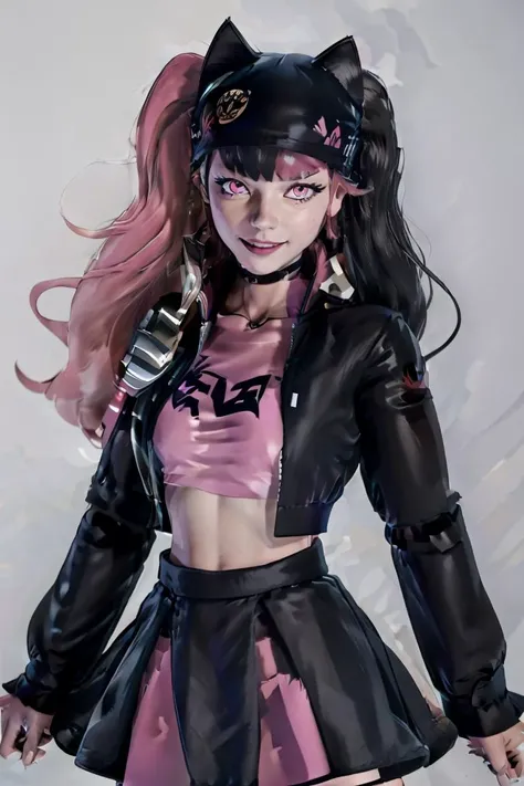 (masterpiece, best quality), 1girl, <lora:yukishiro_mahiro_v1:1> <lora:Zoe_Palworld_v3:1> Zoe_Palworld, long hair, looking at viewer, smile, long sleeves, hat, jacket, black jacket, black headwear, cat hat, animal ear headwear, pink eyes, midriff, crop top, black skirt,