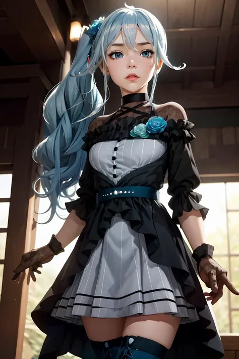 (masterpiece, best quality), 1girl, <lora:yukishiro_mahiro_v1:1> aamahiro, long hair, blue hair, side ponytail, hair flower, blue flower, blue eyes, vertical stripes, black dress, long sleeves, lace gloves, black gloves, white skirt, black thighhighs