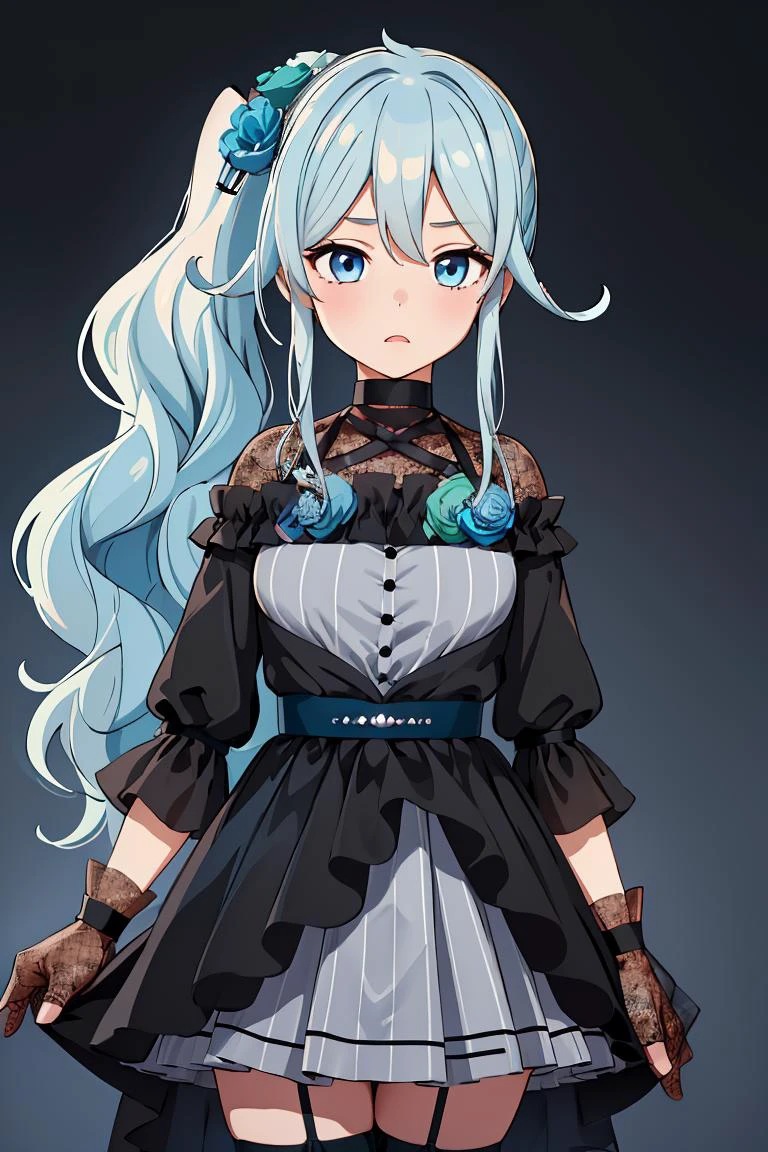 (masterpiece, best quality), 1girl, <lora:yukishiro_mahiro_v1:1> aamahiro, long hair, blue hair, side ponytail, hair flower, blue flower, blue eyes, vertical stripes, black dress, long sleeves, lace gloves, black gloves, white skirt, black thighhighs