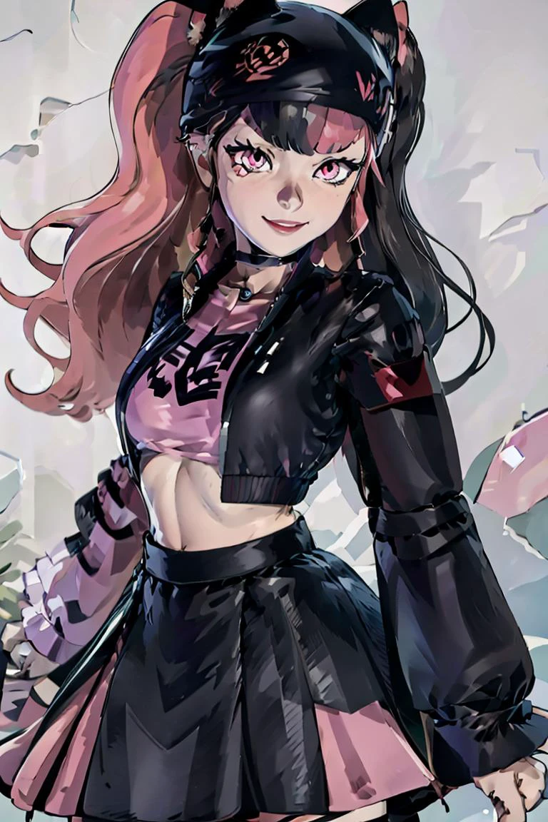 (masterpiece, best quality), 1girl, <lora:yukishiro_mahiro_v1:1> <lora:Zoe_Palworld_v3:1> Zoe_Palworld, long hair, looking at viewer, smile, long sleeves, hat, jacket, black jacket, black headwear, cat hat, animal ear headwear, pink eyes, midriff, crop top, black skirt,