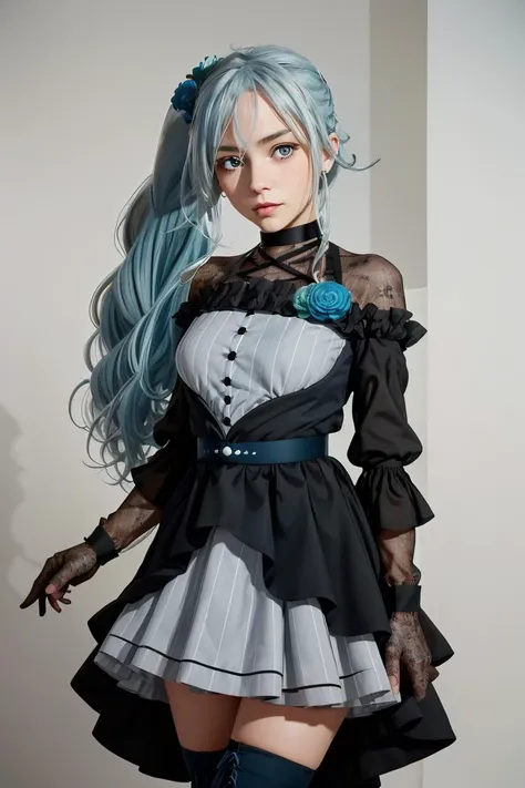 (masterpiece, best quality), 1girl, <lora:yukishiro_mahiro_v1:1> aamahiro, long hair, blue hair, side ponytail, hair flower, blue flower, blue eyes, vertical stripes, black dress, long sleeves, lace gloves, black gloves, white skirt, black thighhighs