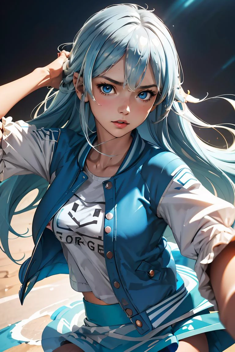 (masterpiece, best quality), 1girl, <lora:yukishiro_mahiro_v1:1> aamahiro, long hair, blue hair, blue eyes, collarbone, white shirt, letterman jacket, blue jacket, open jacket, puffy sleeves, short sleeves, blue skirt, black pantyhose
