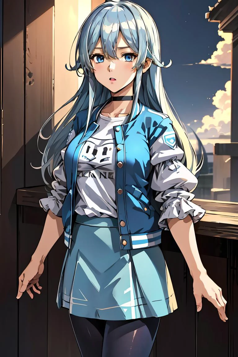 (masterpiece, best quality), 1girl, <lora:yukishiro_mahiro_v1:1> aamahiro, long hair, blue hair, blue eyes, collarbone, white shirt, letterman jacket, blue jacket, open jacket, puffy sleeves, short sleeves, blue skirt, black pantyhose