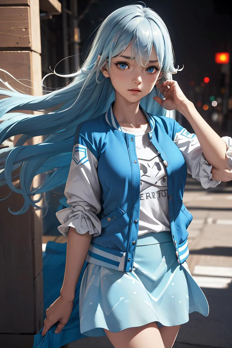 (masterpiece, best quality), 1girl, <lora:yukishiro_mahiro_v1:1> aamahiro, long hair, blue hair, blue eyes, collarbone, white shirt, letterman jacket, blue jacket, open jacket, puffy sleeves, short sleeves, blue skirt, black pantyhose