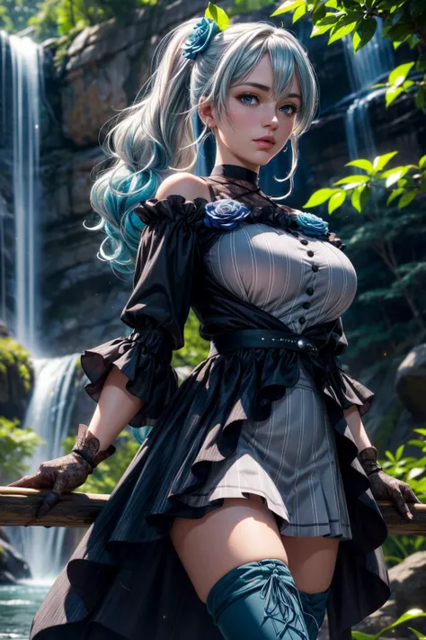 (ultra realistic,32k, masterpiece:1.2),(high detailed skin:1.1),( high quality:1.1),
<lora:yukishiro_mahiro_v1:0.8>aamahiro, long hair, blue hair, side ponytail, hair flower, blue flower, blue eyes, vertical stripes, black dress, long sleeves, lace gloves, black gloves, white skirt, black thighhighs,(looking at viewer, standing, from below:1.1),, huge breast,large breast,<lora:add_detail:0.93>,
(neon pastel light:1.1), starlight falls, cascading starlight, ethereal melodies, sacred waterfall blurry background,