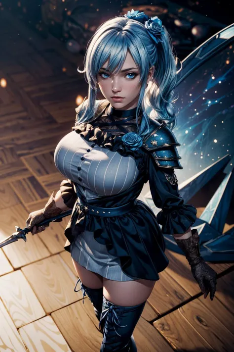(ultra realistic,32k, masterpiece:1.2),(high detailed skin:1.1),( high quality:1.1),
<lora:yukishiro_mahiro_v1:0.8>aamahiro, long hair, blue hair, side ponytail, hair flower, blue flower, blue eyes, vertical stripes, black dress, long sleeves, lace gloves, black gloves, white skirt, black thighhighs,(looking at viewer, standing from above:1.1),, huge breast,large breast,<lora:add_detail:0.78>,
(soft shaded:1.1), starforged armory, celestial craftsmanship, forging cosmic armor, armory of celestial warriors blurry background,