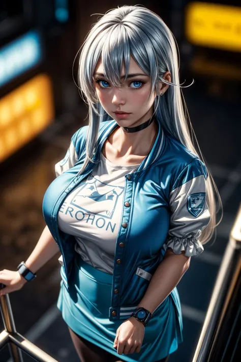 (ultra realistic,32k, masterpiece:1.2),(high detailed skin:1.1),( high quality:1.1),
<lora:yukishiro_mahiro_v1:0.8>aamahiro, long hair, blue hair, blue eyes, collarbone, white shirt, letterman jacket, blue jacket, open jacket, puffy sleeves, short sleeves, blue skirt, black pantyhose,(looking at viewer, standing, from above:1.1),, huge breast,large breast,<lora:add_detail:0.9>,
(bioluminiscent:1.1), bionic street doc clinic, cybernetic surgeries, biomechanical enhancements, black-market medical procedures blurry background,