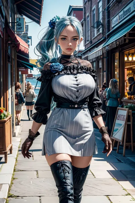 (ultra realistic,32k, masterpiece:1.2),(high detailed skin:1.1),( high quality:1.1),
<lora:yukishiro_mahiro_v1:0.8>aamahiro, long hair, blue hair, side ponytail, hair flower, blue flower, blue eyes, vertical stripes, black dress, long sleeves, lace gloves, black gloves, white skirt, black thighhighs,(looking at viewer, standing:1.1),, huge breast,large breast,<lora:add_detail:0.81>,
(dynamic lighting:1.1), waterfront boardwalk, ocean views, bustling shops, leisurely stroll blurry background,