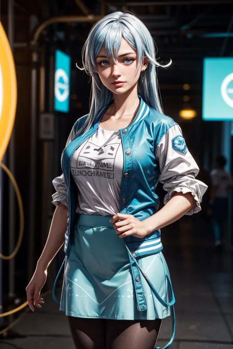 (ultra realistic,32k, masterpiece:1.2),(high detailed skin:1.1),( high quality:1.1),
<lora:yukishiro_mahiro_v1:0.8>aamahiro, long hair, blue hair, blue eyes, collarbone, white shirt, letterman jacket, blue jacket, open jacket, puffy sleeves, short sleeves, blue skirt, black pantyhose,(looking at viewer, squatting:1.1),, huge breast,large breast,<lora:add_detail:0.96>,
(neon pastel light:1.1), A place with everything made of wood with a little paint peeling off and lots of ingrown tribal details blurry background,