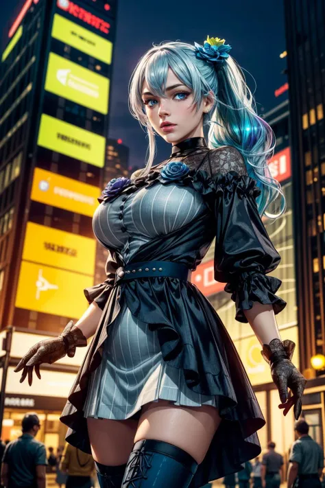 (ultra realistic,32k, masterpiece:1.2),(high detailed skin:1.1),( high quality:1.1),
<lora:yukishiro_mahiro_v1:0.8>aamahiro, long hair, blue hair, side ponytail, hair flower, blue flower, blue eyes, vertical stripes, black dress, long sleeves, lace gloves, black gloves, white skirt, black thighhighs,(looking at viewer, standing from below:1.1),, huge breast,large breast,<lora:add_detail:0.86>,
(iridescence:1.1), neon-lit megacity, towering skyscrapers, holographic advertisements, bustling crowds, futuristic technology, vibrant nightlife blurry background,