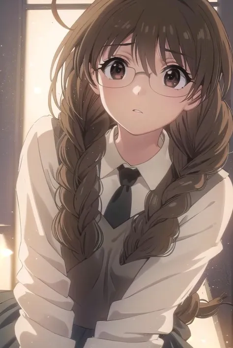 koiuichigusa, <lora:koi ui chigusa s1-lora-nochekaiser:1>,
koi ui chigusa, brown hair, (brown eyes:1.5), glasses, braid, hair braid, single braid, hair over shoulder,
BREAK skirt, school uniform, necktie, sweater vest,
BREAK indoors,
BREAK looking at viewer, (cowboy shot:1.5)
BREAK <lyco:GoodHands-beta2:1>, (masterpiece:1.2), best quality, high resolution, unity 8k wallpaper, (illustration:0.8), (beautiful detailed eyes:1.6), extremely detailed face, perfect lighting, extremely detailed CG, (perfect hands, perfect anatomy),