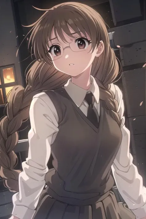 koiuichigusa, <lora:koi ui chigusa s1-lora-nochekaiser:1>,
koi ui chigusa, brown hair, (brown eyes:1.5), glasses, braid, hair braid, single braid, hair over shoulder,
BREAK skirt, school uniform, necktie, sweater vest,
BREAK indoors,
BREAK looking at viewer, (cowboy shot:1.5)
BREAK <lyco:GoodHands-beta2:1>, (masterpiece:1.2), best quality, high resolution, unity 8k wallpaper, (illustration:0.8), (beautiful detailed eyes:1.6), extremely detailed face, perfect lighting, extremely detailed CG, (perfect hands, perfect anatomy),