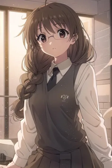 koiuichigusa, <lora:koi ui chigusa s1-lora-nochekaiser:1>,
koi ui chigusa, brown hair, (brown eyes:1.5), glasses, braid, hair braid, single braid, hair over shoulder,
BREAK skirt, school uniform, necktie, sweater vest,
BREAK indoors,
BREAK looking at viewer, (cowboy shot:1.5)
BREAK <lyco:GoodHands-beta2:1>, (masterpiece:1.2), best quality, high resolution, unity 8k wallpaper, (illustration:0.8), (beautiful detailed eyes:1.6), extremely detailed face, perfect lighting, extremely detailed CG, (perfect hands, perfect anatomy),