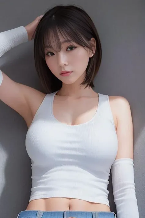 picture of <lora:jeoung:1>, a woman (wearing a tight white tank top:1.2), (wearing jeans:1.3), cleavage, modelshoot style, (extremely detailed CG unity 8k wallpaper), photo of the most beautiful artwork in the world, professional majestic oil painting by Ed Blinkey, Atey Ghailan, Studio Ghibli, by Jeremy Mann, Greg Manchess, Antonio Moro, trending on ArtStation, trending on CGSociety, Intricate, High Detail, Sharp focus, dramatic, photorealistic painting art by midjourney and greg rutkowski, (leather belt), (in a modeling studio:1.2), (looking at viewer), (detailed eyes:1.2)