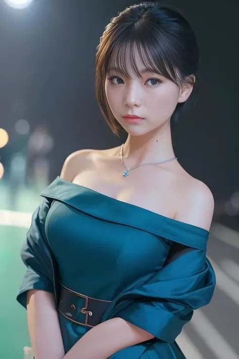 photo of <lora:jeoung:1>, a woman as a movie star, modelshoot style, (extremely detailed CG unity 8k wallpaper), photo of the most beautiful artwork in the world, professional majestic oil painting by Ed Blinkey, Atey Ghailan, Studio Ghibli, by Jeremy Mann, Greg Manchess, Antonio Moro, trending on ArtStation, trending on CGSociety, Intricate, High Detail, Sharp focus, dramatic, photorealistic painting art by midjourney and greg rutkowski, (waist chain), ((movie premiere gala)), ((standing on the red carpet)), ((paparazzi in the background)), (looking at viewer), (detailed pupils:1.3), (elegant green dress:1.2), (blue eyes:1.2), (closeup)