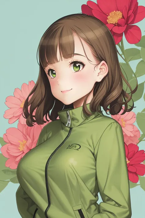 upper body, solo, 1girl, look up to, smile, blush, medium breasts, light green jacket, no light, Caspia \(flower\), floral background <lora:oyari_ashito_style_v01:1>