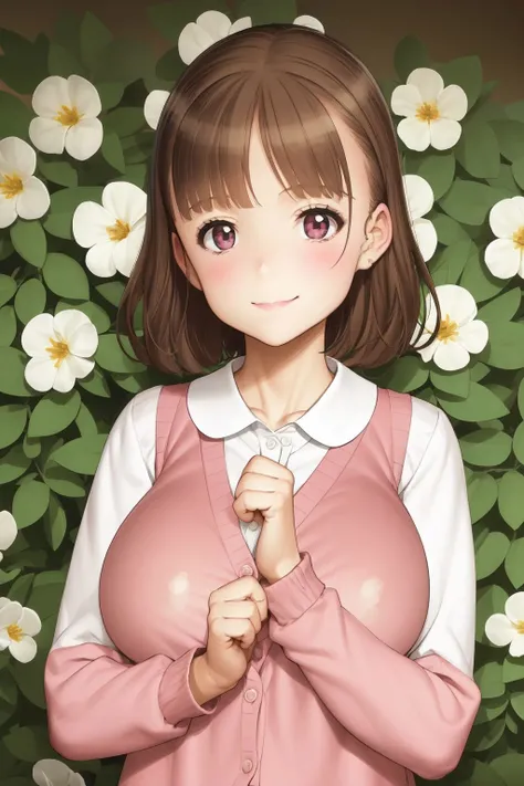 solo, 1girl, looking up, smile, blush, large breasts, pink cardigan vest, backlighting, African_Boxwood \(flower\), floral background <lora:oyari_ashito_style_v01:1>