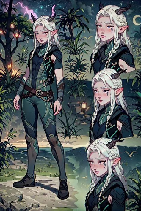 (multiple views, full body, upper body, reference sheet:1), (rayla:1.2), assassin, green and black warrior suit, brown belt, dagger holster, (horns, blue eyes, purple makeup, white hair, braids in hair:1.2), (realistic:1.2), (masterpiece:1.2), (full-body-shot:1),(Cowboy-shot:1.2), night time, moon in sky, dark outside, dark lighting, magical background, magical forest, neon lighting, dark romantic lighting, (highly detailed:1.2),(detailed face:1.2), (gradients), colorful, detailed eyes, (detailed landscape:1.2), (natural lighting:1.2),(detailed background),detailed landscape, (defensive pose:1.2), solo, <lora:thedragonprince_rayla-10:0.7> <lora:add_detail:0.3> <lora:hipoly3DModelLora_v10:0.05> <lora:RSERomantic_RSESofiko_RSEEmma-v1:0.1> <lora:CharacterDesign_Concept-10:1.0>