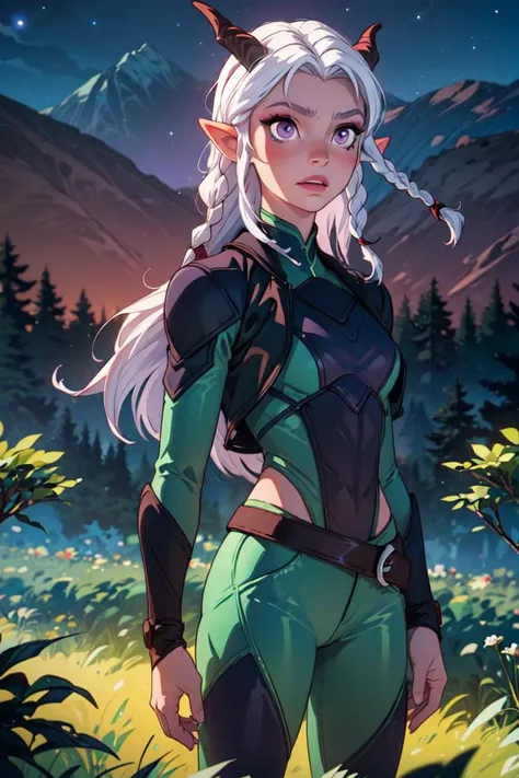(rayla:1.2), bodysuit, assassin, green and black warrior suit, brown belt, dagger holster, (horns, purple eyes, purple makeup, white hair, braids in hair:1.2), (realistic:1.2),  (masterpiece:1.2), (full-body-shot:1),(Cowboy-shot:1.2), night time, moon in sky, dark outside, dark lighting, magical background, magical forest, neon lighting, dark romantic lighting, (highly detailed:1.2),(detailed face:1.2), (gradients), colorful, detailed eyes, (detailed landscape:1.2), (natural lighting:1.2),(detailed background),detailed landscape, (defensive pose:1.2), solo, <lora:thedragonprince_rayla-10:0.35> <lora:add_detail:0.3> <lora:hipoly3DModelLora_v10:0.05>  <lora:RSERomantic_RSESofiko_RSEEmma-v1:0.1>
