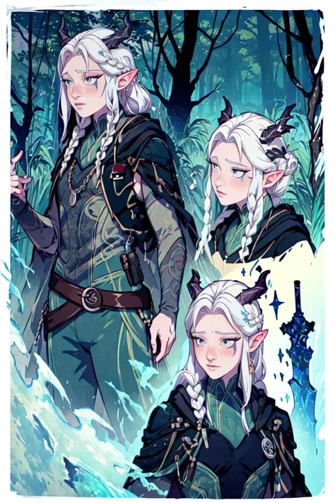 (CharacterSheet:1), (rayla:1.2), (hair in messy bun, long black cloak:1.5), assassin, green and black warrior suit, brown belt, dagger holster, (horns, blue eyes, purple makeup, white hair, braids in hair:1.2), (realistic:1.2), (masterpiece:1.2), (full-body-shot:1),(Cowboy-shot:1.2), night time, moon in sky, dark outside, dark lighting, magical background, magical forest, neon lighting, dark romantic lighting, (highly detailed:1.2),(detailed face:1.2), (gradients), colorful, detailed eyes, (detailed landscape:1.2), (natural lighting:1.2),(detailed background),detailed landscape, (defensive pose:1.2), solo, <lora:thedragonprince_rayla-10:0.6> <lora:add_detail:0.3> <lora:hipoly3DModelLora_v10:0.05> <lora:RSERomantic_RSESofiko_RSEEmma-v1:0.1> <lora:CharacterDesign_Concept-10:1.0>