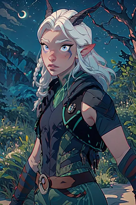 (rayla:1.2), assassin, green and black warrior suit, brown belt, dagger holster, (horns, blue eyes, purple makeup, white hair, braids in hair:1.2), (realistic:1.2), (masterpiece:1.2), (full-body-shot:1),(Cowboy-shot:1.2), night time, moon in sky, dark outside, dark lighting, magical background, magical forest, neon lighting, dark romantic lighting, (highly detailed:1.2),(detailed face:1.2), (gradients), colorful, detailed eyes, (detailed landscape:1.2), (natural lighting:1.2),(detailed background),detailed landscape, (defensive pose:1.2), solo, <lora:thedragonprince_rayla-10:0.85> <lora:add_detail:0.3> <lora:hipoly3DModelLora_v10:0.05> <lora:RSERomantic_RSESofiko_RSEEmma-v1:0.1> <lora:CharacterDesign_Concept-10:1.0>