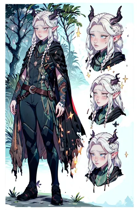 (CharacterSheet:1), (rayla:1.2), (hair in messy bun, long black cloak:1.5), assassin, green and black warrior suit, brown belt, dagger holster, (horns, blue eyes, purple makeup, white hair, braids in hair:1.2), (realistic:1.2), (masterpiece:1.2), (full-body-shot:1),(Cowboy-shot:1.2), night time, moon in sky, dark outside, dark lighting, magical background, magical forest, neon lighting, dark romantic lighting, (highly detailed:1.2),(detailed face:1.2), (gradients), colorful, detailed eyes, (detailed landscape:1.2), (natural lighting:1.2),(detailed background),detailed landscape, (defensive pose:1.2), solo, <lora:thedragonprince_rayla-10:0.6> <lora:add_detail:0.3> <lora:hipoly3DModelLora_v10:0.05> <lora:RSERomantic_RSESofiko_RSEEmma-v1:0.1> <lora:CharacterDesign_Concept-10:1.0>