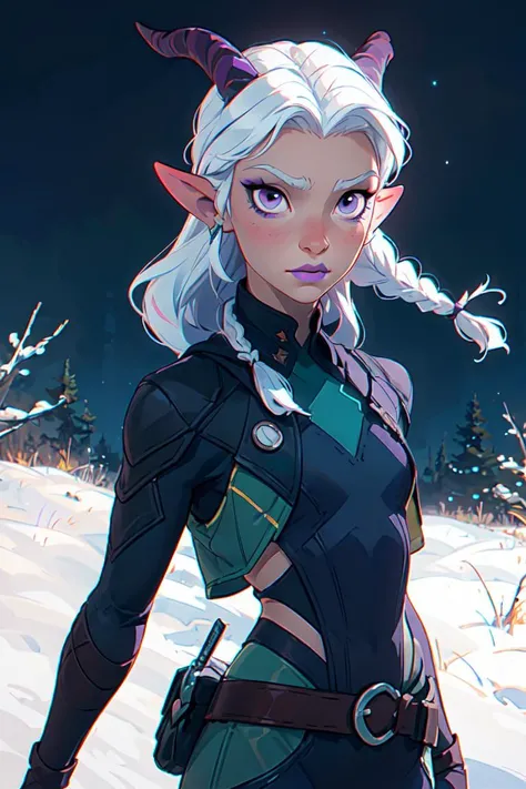 (rayla:1.2), bodysuit, assassin, green and black warrior suit, brown belt, dagger holster, (horns, purple eyes, purple makeup, white hair, braids in hair:1.2), (realistic:1.2), (masterpiece:1.2), (full-body-shot:1),(Cowboy-shot:1.2), night time, moon in sky, dark outside, dark lighting, magical background, magical forest, neon lighting, dark romantic lighting, (highly detailed:1.2),(detailed face:1.2), (gradients), colorful, detailed eyes, (detailed landscape:1.2), (natural lighting:1.2),(detailed background),detailed landscape, (defensive pose:1.2), solo, <lora:thedragonprince_rayla-10:0.35> <lora:add_detail:0.3> <lora:hipoly3DModelLora_v10:0.05> <lora:RSERomantic_RSESofiko_RSEEmma-v1:0.1>
