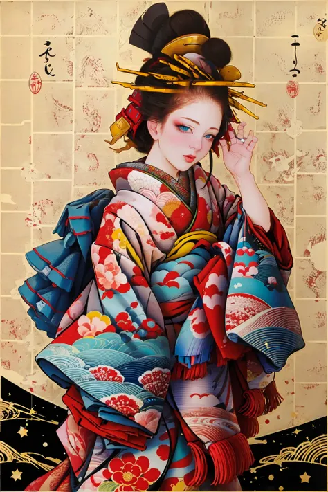 1girl, solo, looking at viewer, blue eyes, black hair, hair ornament, japanese clothes, kimono, makeup, lipstick, hair stick, red kimono, kanzashi, layered clothes, fine art parody,
 <lora:tamurayoshiyasu-04:1>