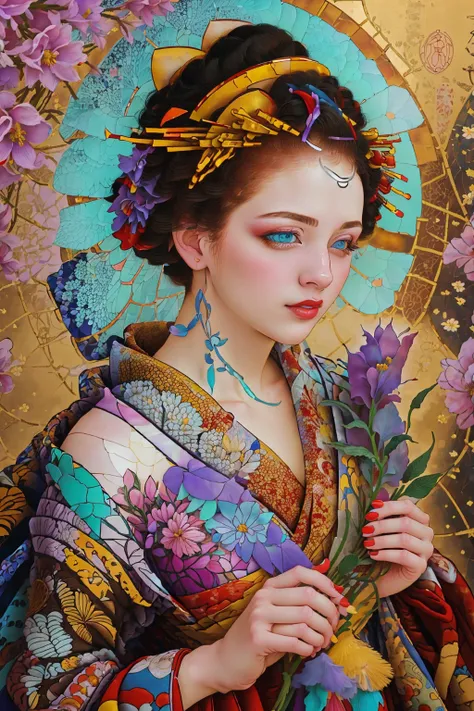 stainedglassai,
1girl, solo, blue eyes, black hair, hair ornament, holding, cleavage, medium breasts, flower, japanese clothes, kimono, off shoulder, nail polish, makeup, lipstick, yellow background, red nails, eyeshadow, holding flower, hair stick, kanzashi, comb,
<lora:tamurayoshiyasu-04:1> <lora:stainedglassai_v10:0.85>