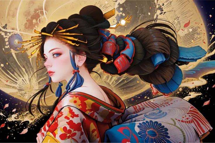 1girl, solo, long hair, blue eyes, black hair, hair ornament, bare shoulders, upper body, japanese clothes, kimono, off shoulder, lips, makeup, moon, lipstick, full moon, red lips,nipples, nude, sexy, see through,
<lora:tamurayoshiyasu-04:1>