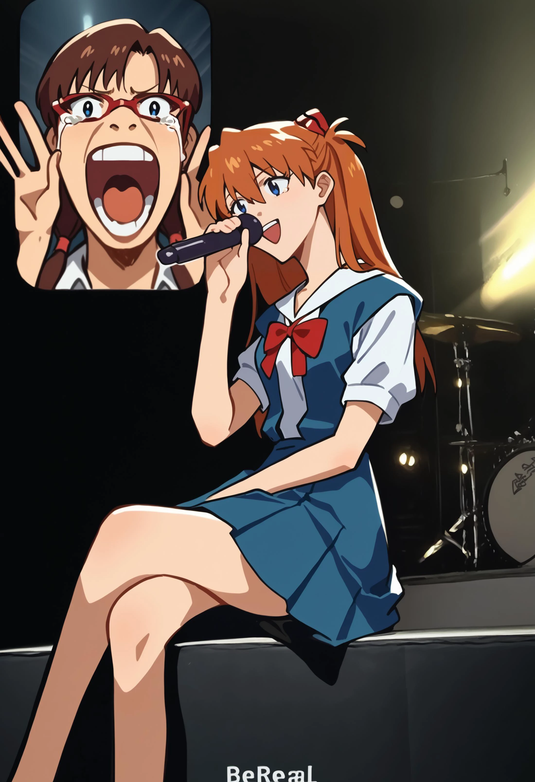 scrore_9, score_8_up, score_7_up, source_anime, FanScreamingMeme, open mouth, sitting, music, crossed legs, holding microphone, singing, <lora:FanScreamingAtMadisonBeer_XLPD:0.5>, 2girls, screen, phone,
BREAK
<lora:Degen_Mari_v14-000009:.85> mari-school, hairband, red-framed eyewear, blue eyes, brown hair, low twintails, white collared shirt, green necktie, tears
BREAK <lora:eva_pony:1> souryuu asuka langley, school uniform, tokyo-3 middle school uniform, skirt, stage lights,