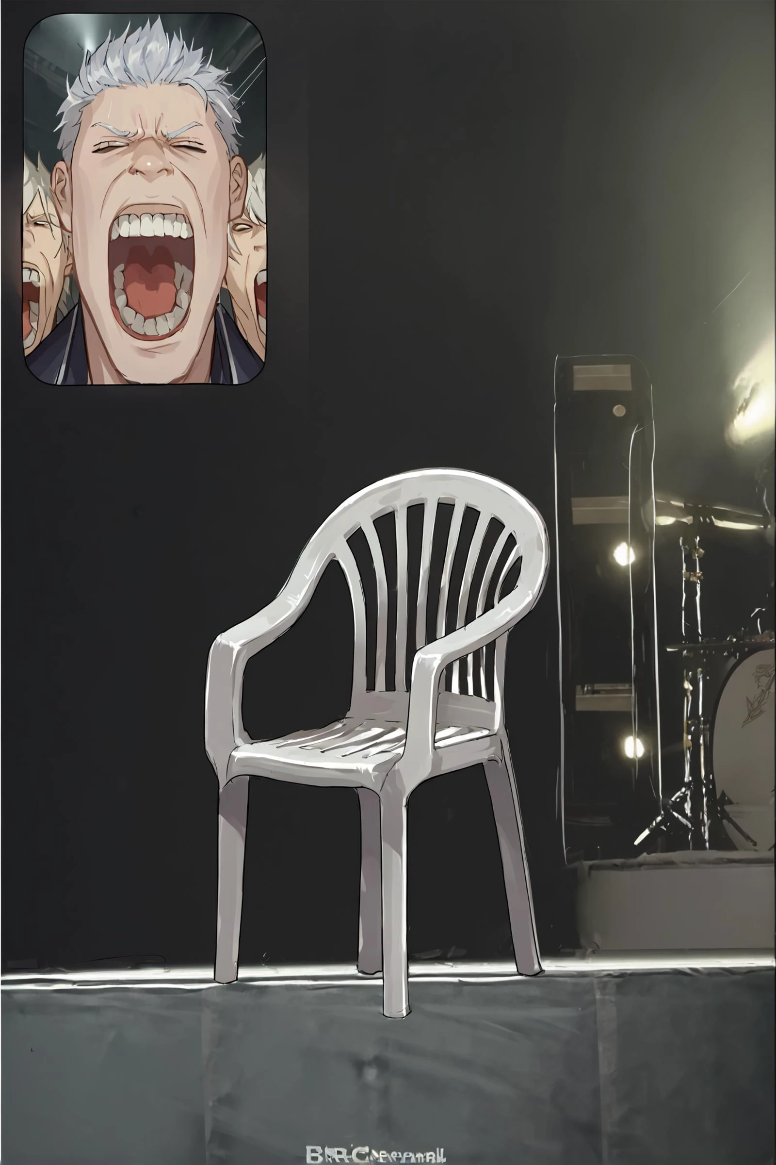 score_9, source_anime, score_8_up, score_7_up, object focus:plastic chair:.5, plastic chair:no humans:.5, multiple views:dmc5vergil:.5, <lora:dmc5_vergil_ponyXL:1> screaming:dmc5vergil:.6, FanScreamingMeme <lora:PlasticChair_XLPD:1> plastic chair, <lora:FanScreamingAtMadisonBeer_XLPD:1.2> music, screen