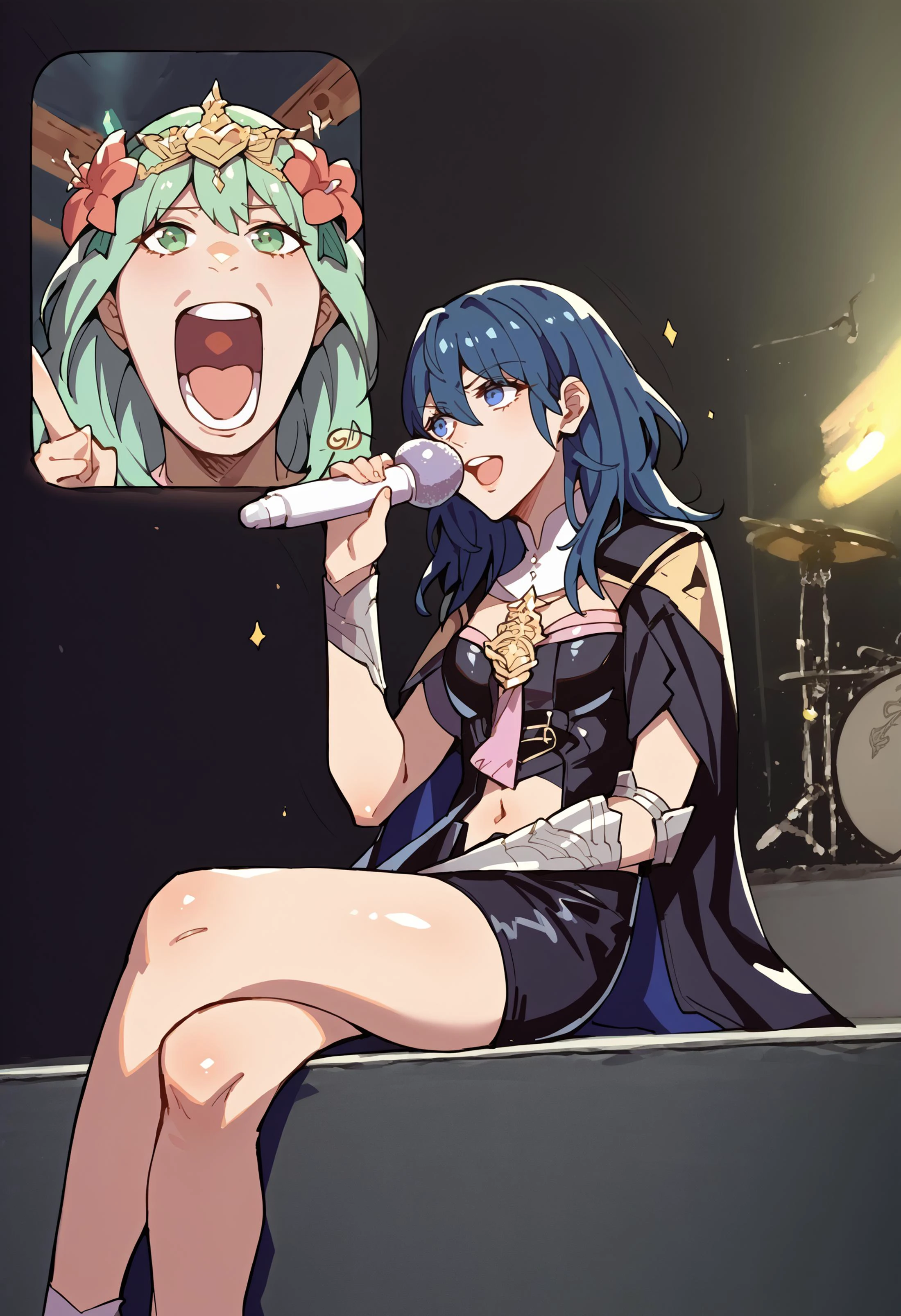 scrore_9, score_8_up, score_7_up, source_anime, FanScreamingMeme, open mouth, sitting, music, crossed legs, holding microphone, singing, <lora:FanScreamingAtMadisonBeer_XLPD:0.5>, 2girls, screen, phone,
BREAK
<lora:rhea-pdxl-nvwls-v1:.9> defrhea, green hair, gold headdress, hair flower,
BREAK <lora:byleth-pdxl-nvwls-v1:1> defByl, blue hair, blue eyes, black cape, detached collar, amulet, tassel, bodice, black armor, navel cutout, vambraces, black shorts, print legwear, brown pantyhose, black boots