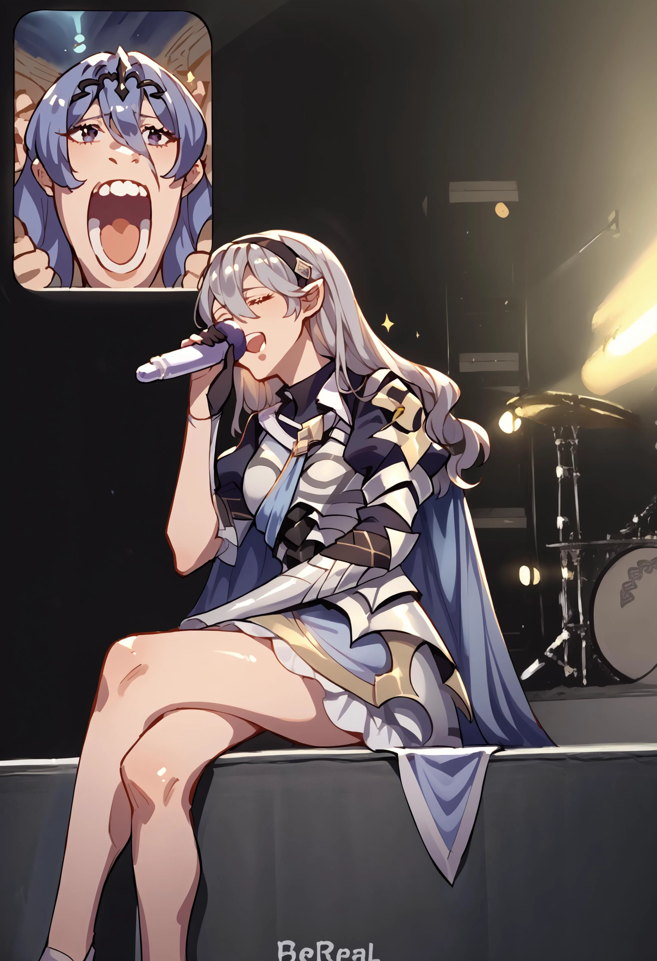scrore_9, score_8_up, score_7_up, source_anime, FanScreamingMeme, open mouth, sitting, music, crossed legs, holding microphone, singing, <lora:FanScreamingAtMadisonBeer_XLPD:0.6>, 2girls, screen, phone,
BREAK
<lora:camilla-pdxl-nvwls-v1:.8> defCm, hair over one eye, black tiara,
BREAK <lora:corrin-pdxl-nvwls-v1:.8> defCor, black hairband, armored dress, blue cape, puffy sleeves, juliet sleeves, vambraces, black gloves, armored legwear, barefoot